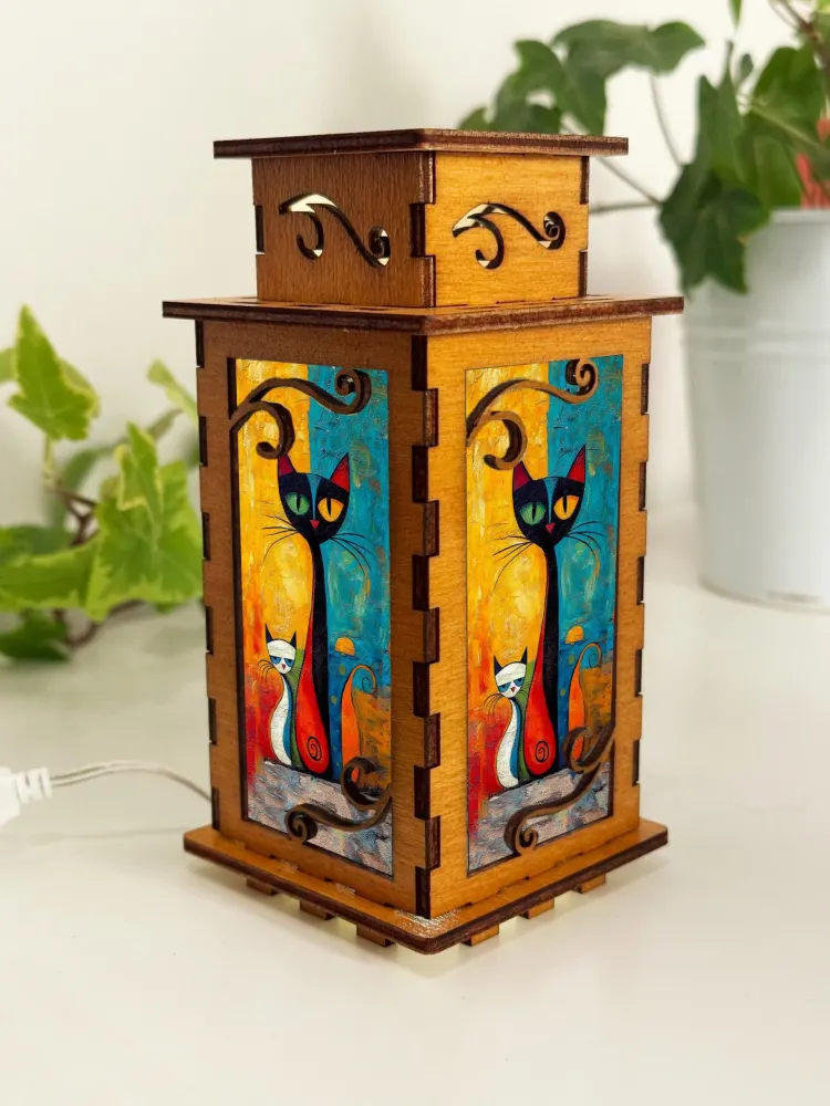Abstract Cat Cubism Art Night Lamp Lantern – Artistic Wooden Cat Light — handmade wooden night lamp in natural timber
