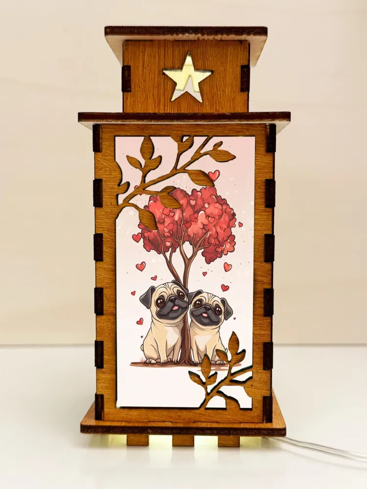 Two Pugs In Love Night Lamp Lantern – Cute Wooden Dog Art Light — handmade wooden night lamp in natural timber
