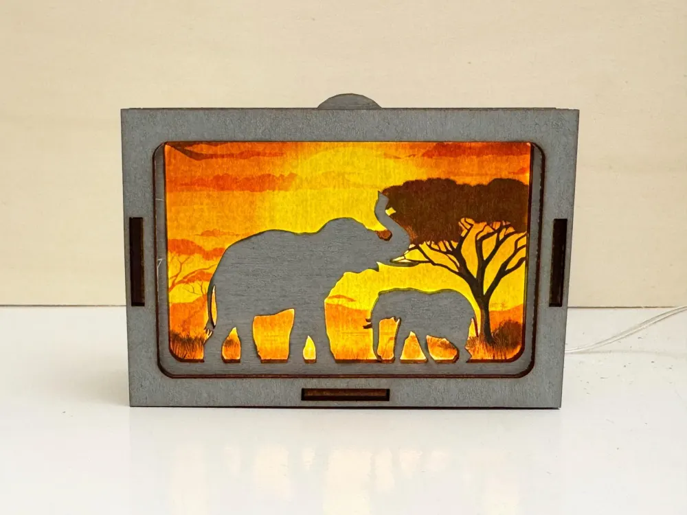Elephants African Sunset Night Lamp Lantern — handmade wooden night lamp in natural timber