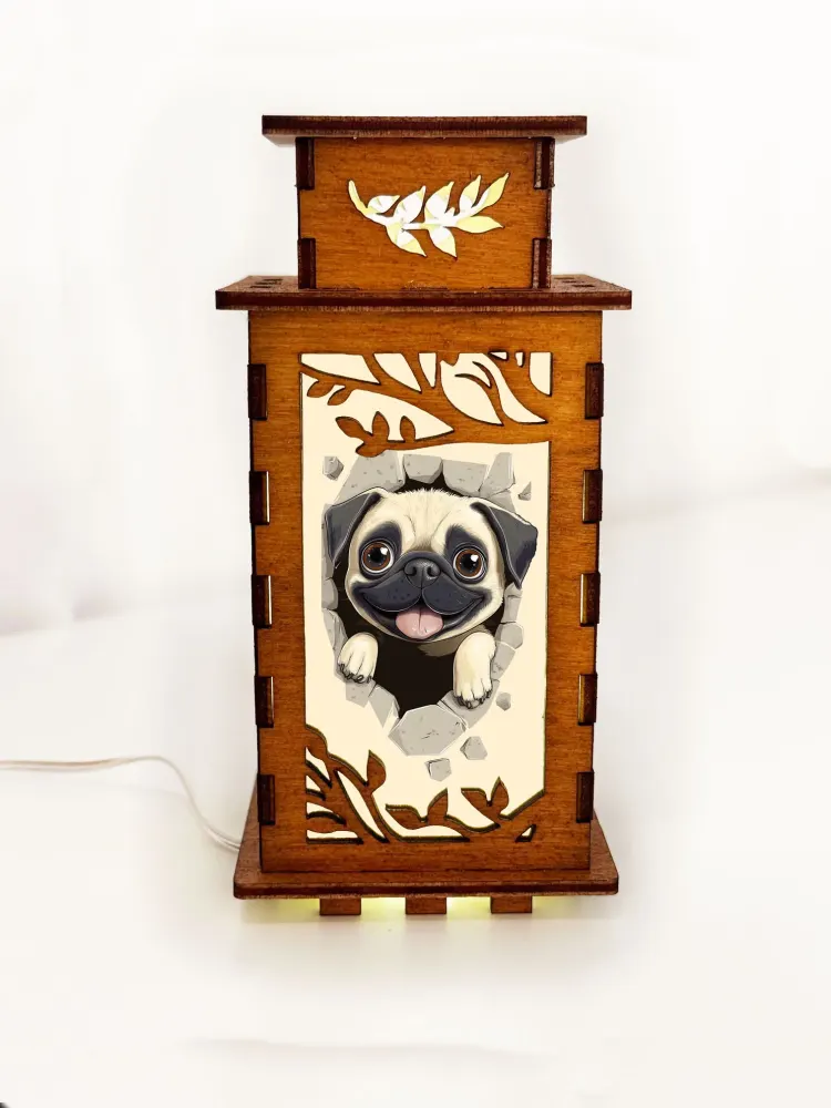Pug In The Hole Wooden Art Lamp – Cute Dog Night Light Gift Home Decor