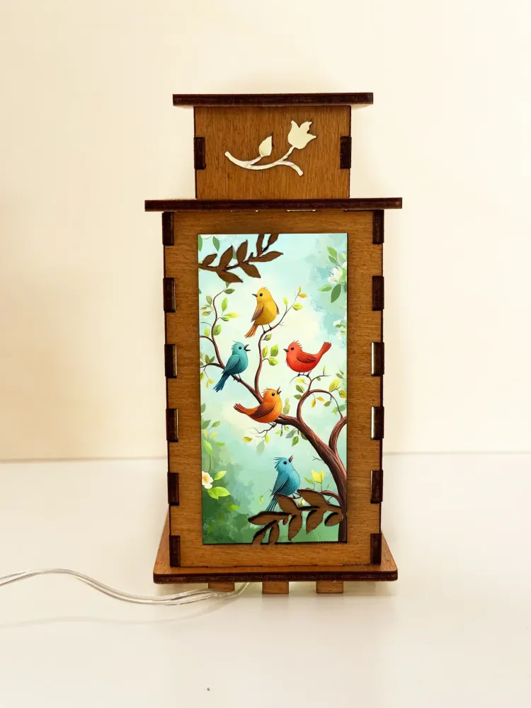 Colorful Birds On A Branch Wooden Night Lamp — handmade wooden night lamp in natural timber