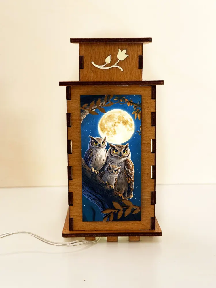 Night Owls On Branch Wooden Night Lamp