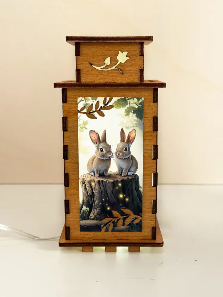 Two Bunnies Wooden Night Lamp — handmade wooden night lamp in natural timber