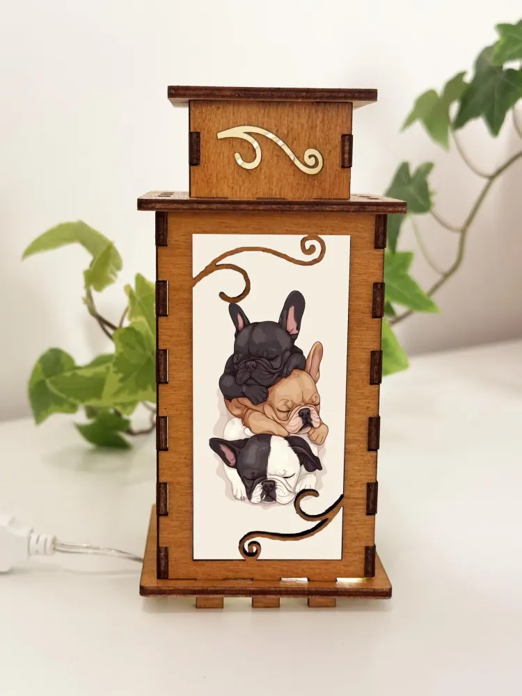 Three French Bulldogs Wooden Night Lamp — handmade wooden night lamp in natural timber