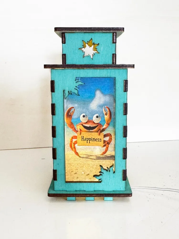 Happiness Crab Positive Vibes Night Lamp Lantern — handmade wooden night lamp in natural timber