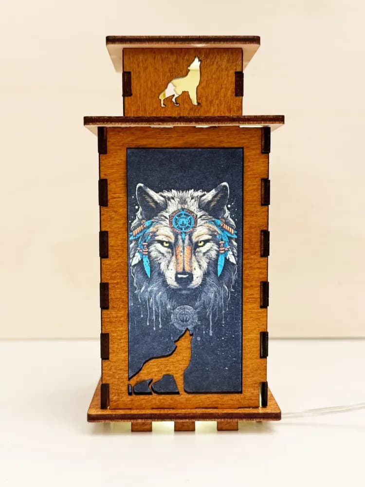 Wolf Native American Tribal Night Lamp Lantern | Artisan Wooden Night Lamp | Artiviesta London