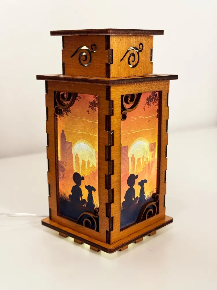 Boy And The Dog City Sunset Night Lamp Lantern – Urban Wooden Dog Light — handmade wooden night lamp in natural timber