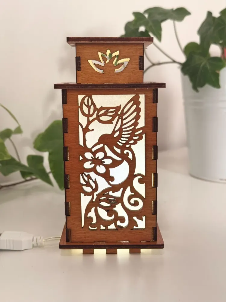 Flowers Hummingbirds Art Night Lamp Lantern — handmade wooden night lamp in natural timber