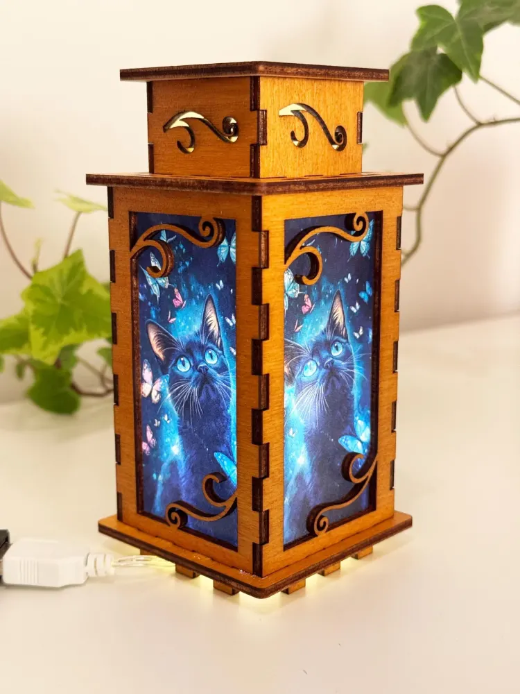 Cat With Butterflies Magical Night Lamp Lantern-Small Kitten Glowing Wooden Lamp
