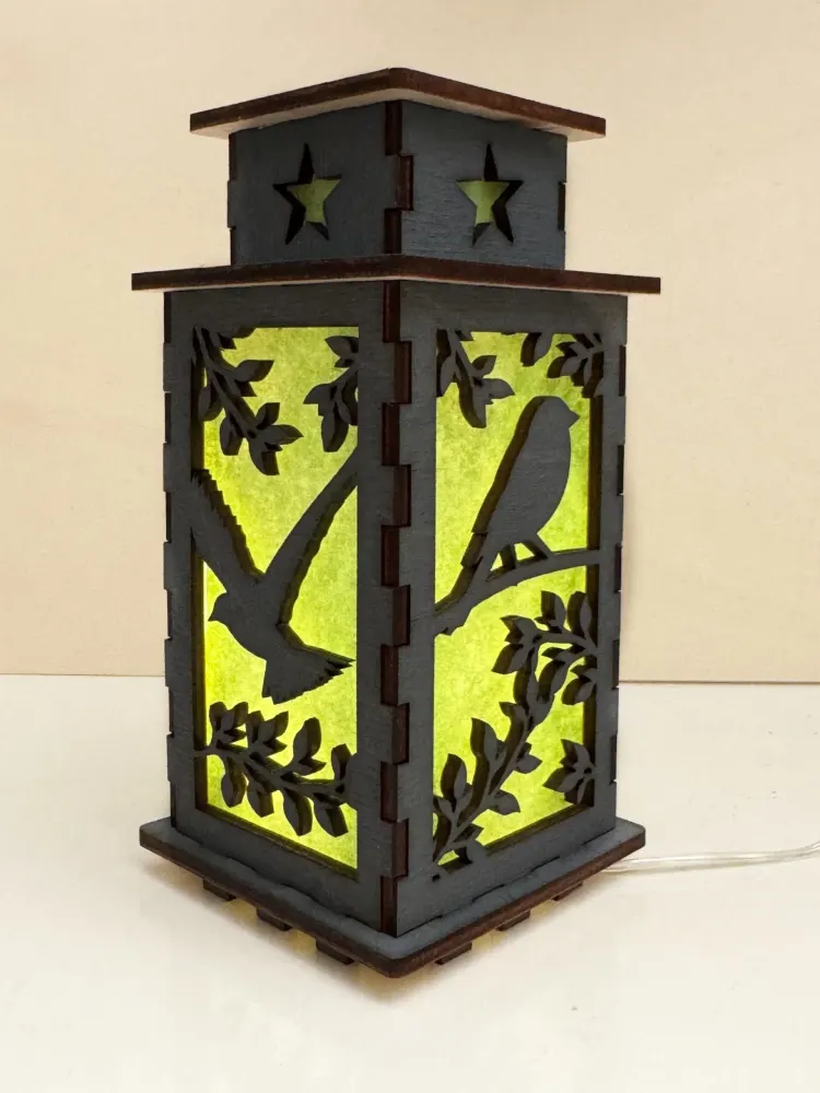 Birds In Green Paradise Night Lamp Lantern — handmade wooden night lamp in natural timber