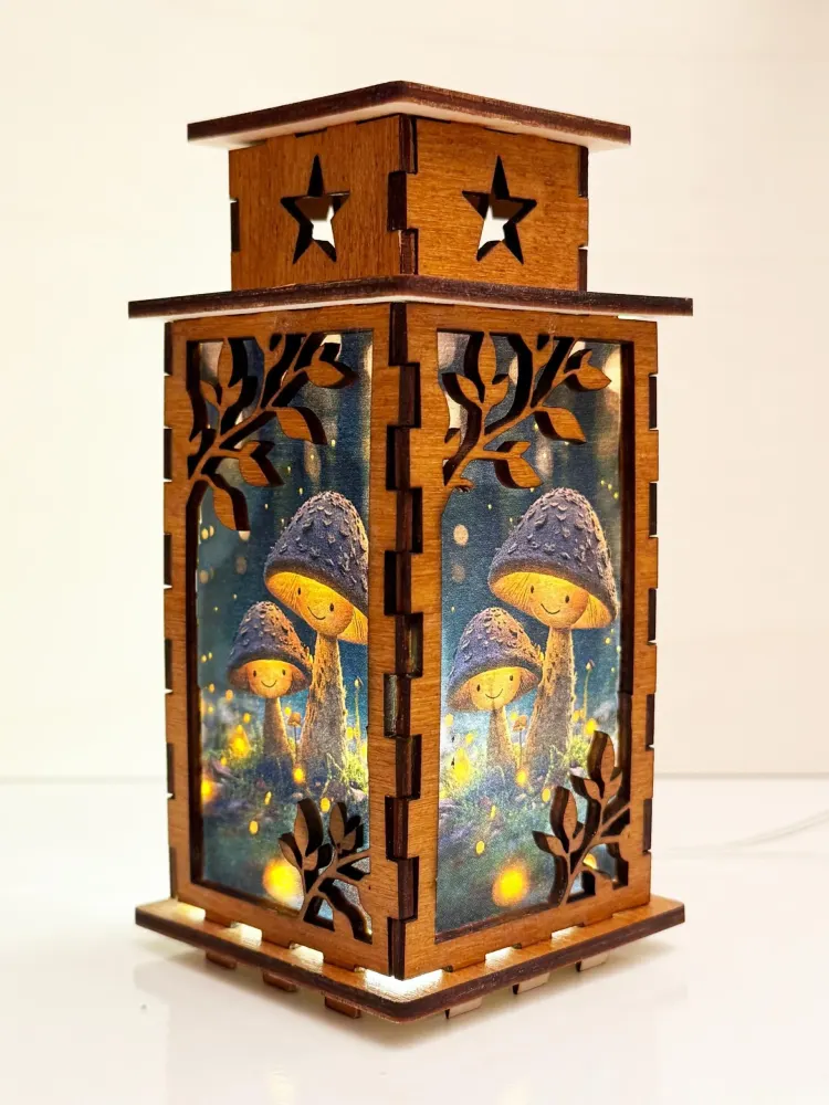 Mushroom Psilocybin Night Lamp Lantern — handmade wooden night lamp in natural timber
