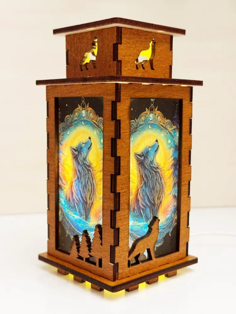 Wolf Fantasy Night Lamp Lantern — handmade wooden night lamp in natural timber