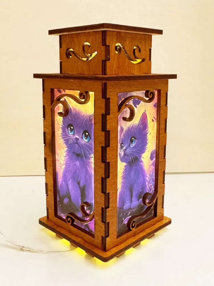 Cute Cat Night Lamp Lantern – Charming Wooden Kitten Light — handmade wooden night lamp in natural timber