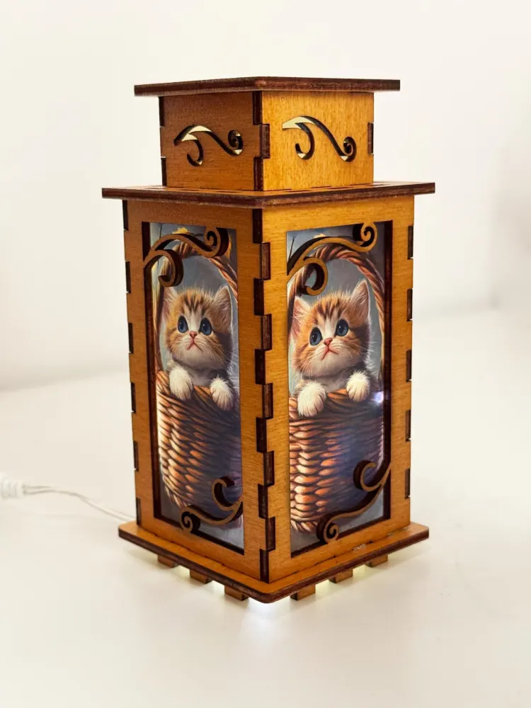 Cat In The Basket Night Lamp Lantern – Cute Kitten Wooden Light — handmade wooden night lamp in natural timber