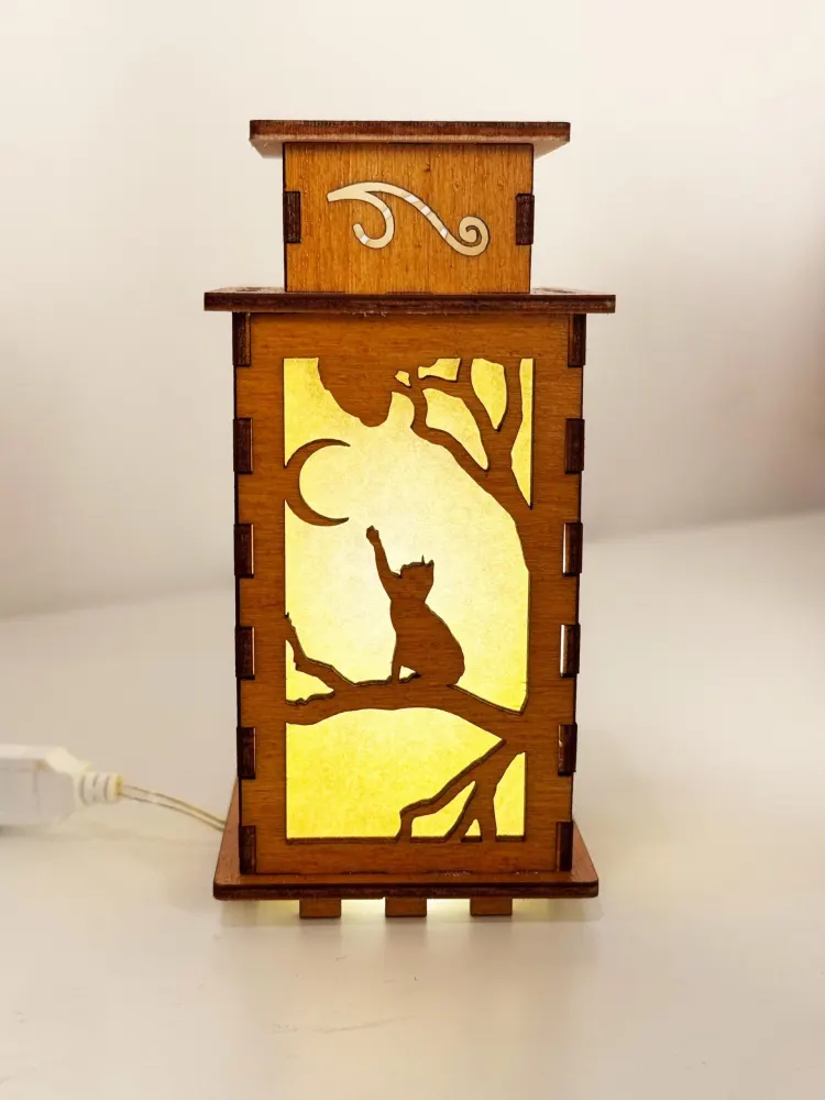 Cat On The Tree Moonlight Night Lamp Lantern-Small Kitten Glowing Wooden Lamp — handmade wooden night lamp in natural timber