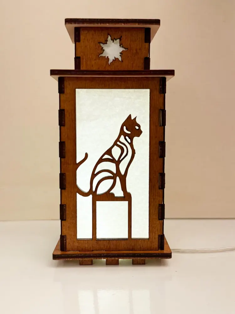 Artistic Cat Night Lamp Lantern-Cat Lover Art Glowing Wooden Lamp — handmade wooden night lamp in natural timber