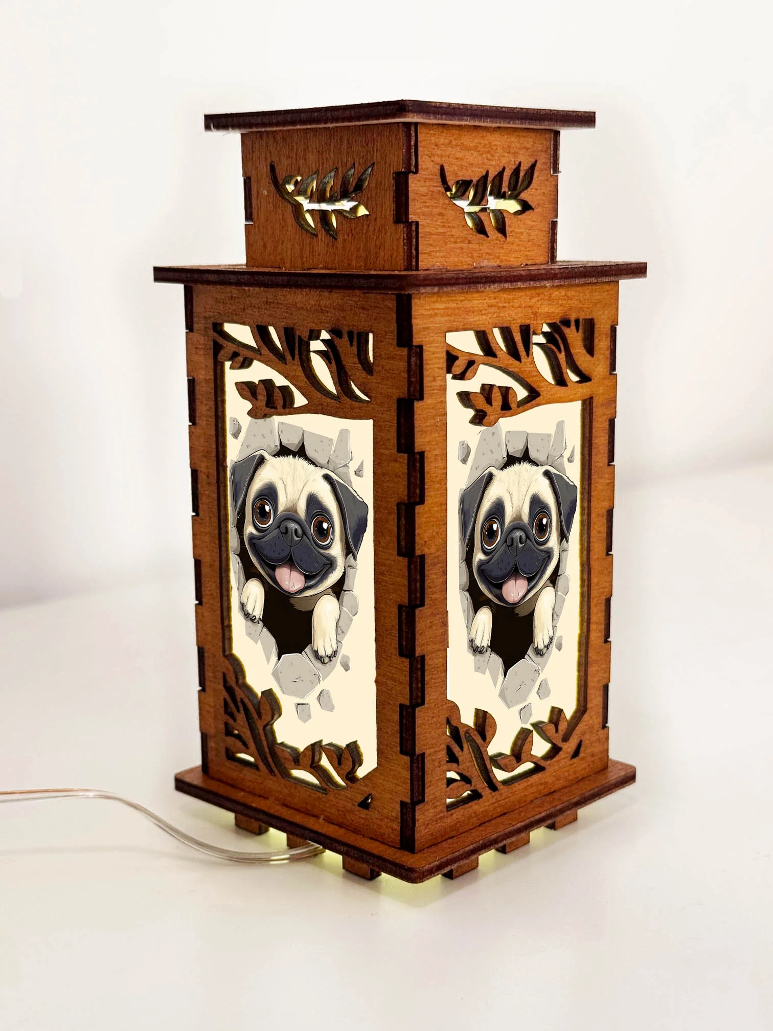 Pug In The Hole Wooden Art Lamp – Cute Dog Night Light Gift Home Decor