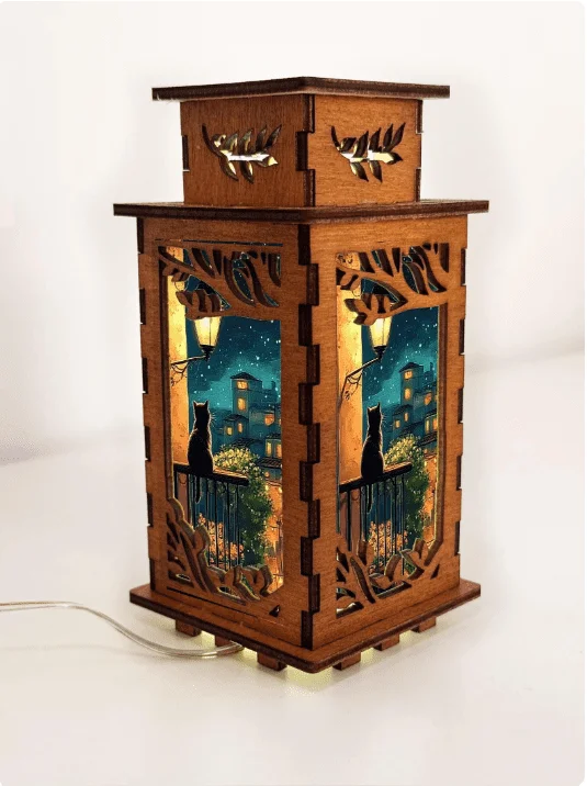 Handcrafted Cat on the Balcony Wooden Night Lamp — USB LED Lantern by Artiviesta