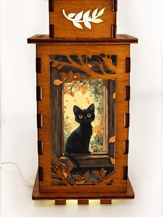 Black Cat On The Window - Artiviesta Handmade Wooden Lamp