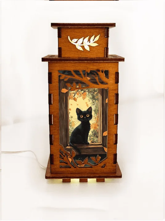 Black Cat On The Window - Artiviesta Handmade Wooden Lamp