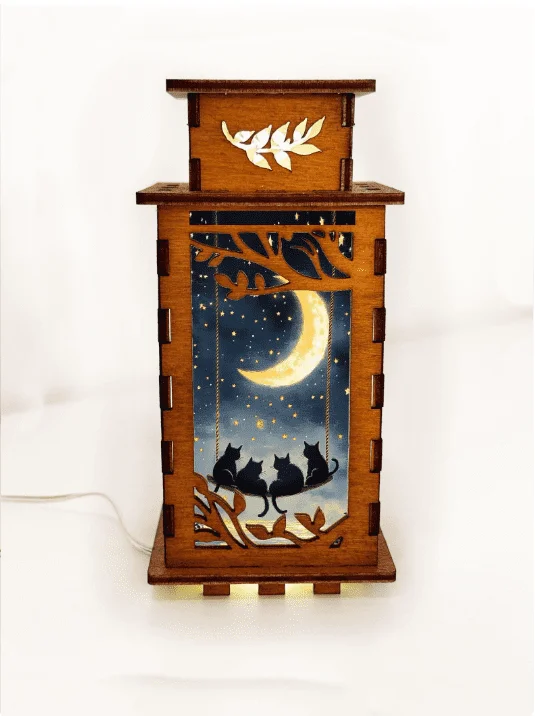 Handcrafted Cats on a Swing Wooden Night Lamp — USB Moonlight Lantern by Artiviesta