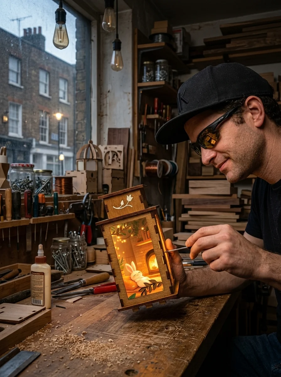 Benchwork Calibration & Laser Kerf Fitting - Handcrafted Baltic birch night lamp by Artiviesta London