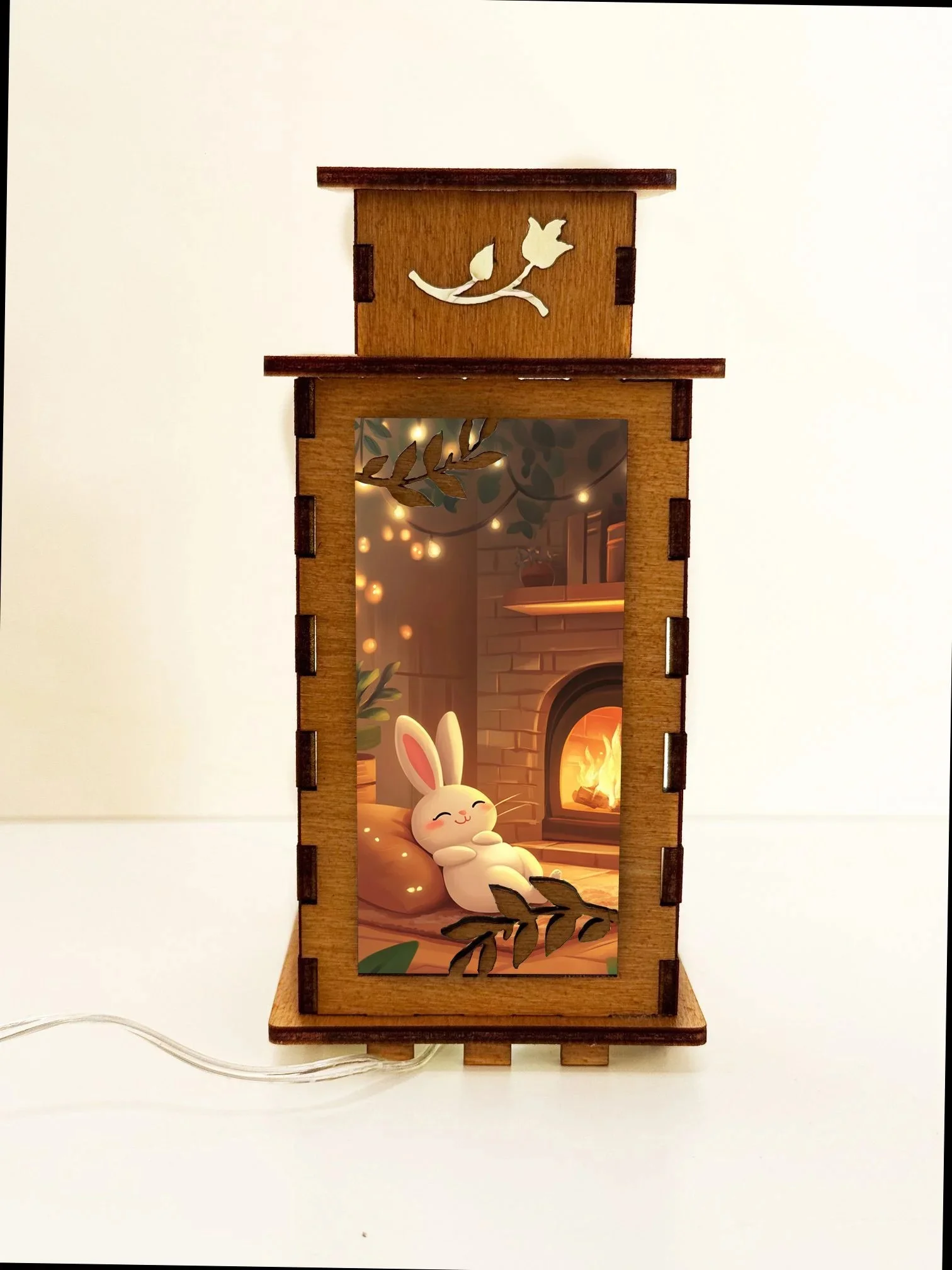 The Bunny Luminaire by the Hearth - Handcrafted Baltic birch night lamp by Artiviesta London