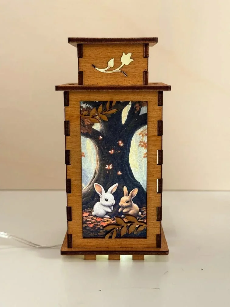 Woodland Bunny Under Natural Daylight - Handcrafted Baltic birch night lamp by Artiviesta London
