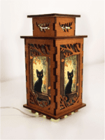 Black Cat In The Window Night Lamp Lantern – Handmade Wooden USB Lantern